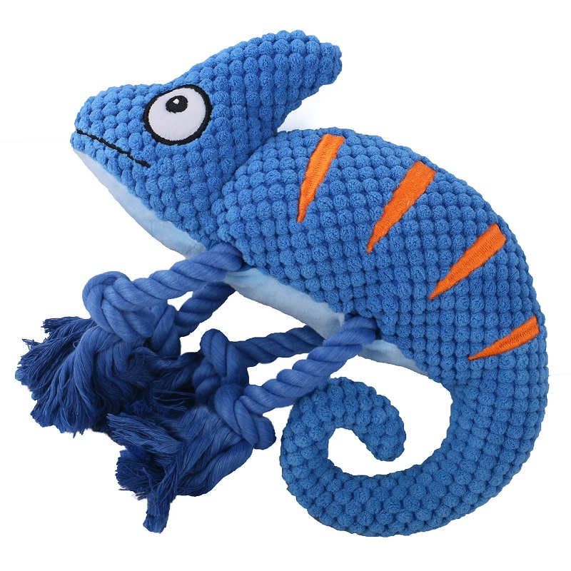 Small to medium breed chameleon design multi-colored squeak plush dog toy for aggressive chewers